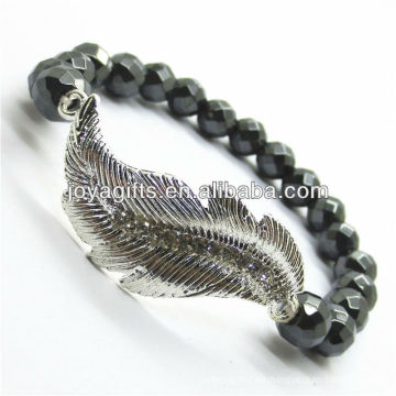 Magnetische Hämatit 8MM Facettierte runde Perlen Stretch Edelstein Armband mit Diamante Feder Legierung Stück